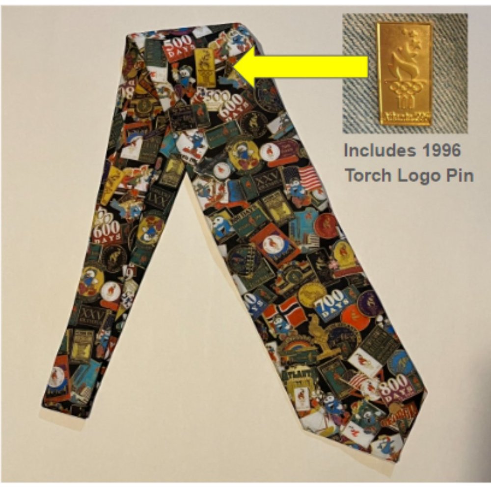 Vintage Pin & 1996 Atlanta Olympic Tie by Ralph Marlin with Games Torch Logo Pin